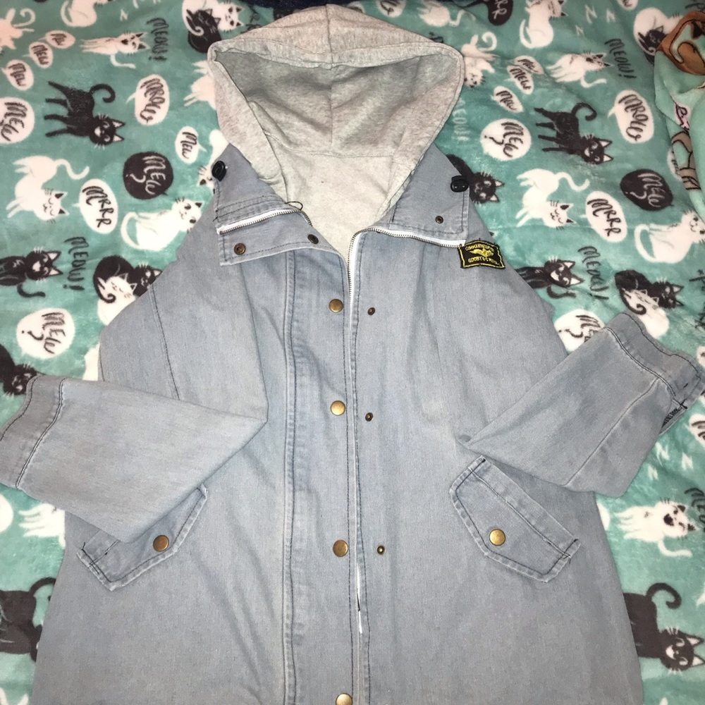 denim jacket with detachable gray button up vest